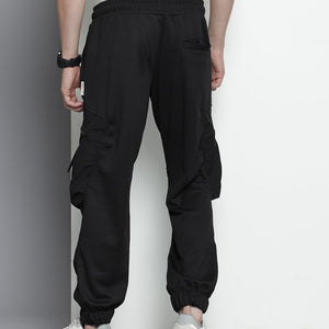 Men's Black Relaxed Fit Textured Cargo Joggers