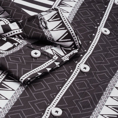 Men's Black Relaxed Fit Aztec Printed Resort Wear Shirt