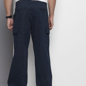 Men's Navy Blue Relaxed Fit Geometric Print Cargos