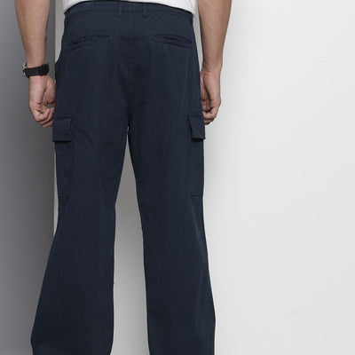 Men's Navy Blue Relaxed Fit Geometric Print Cargos