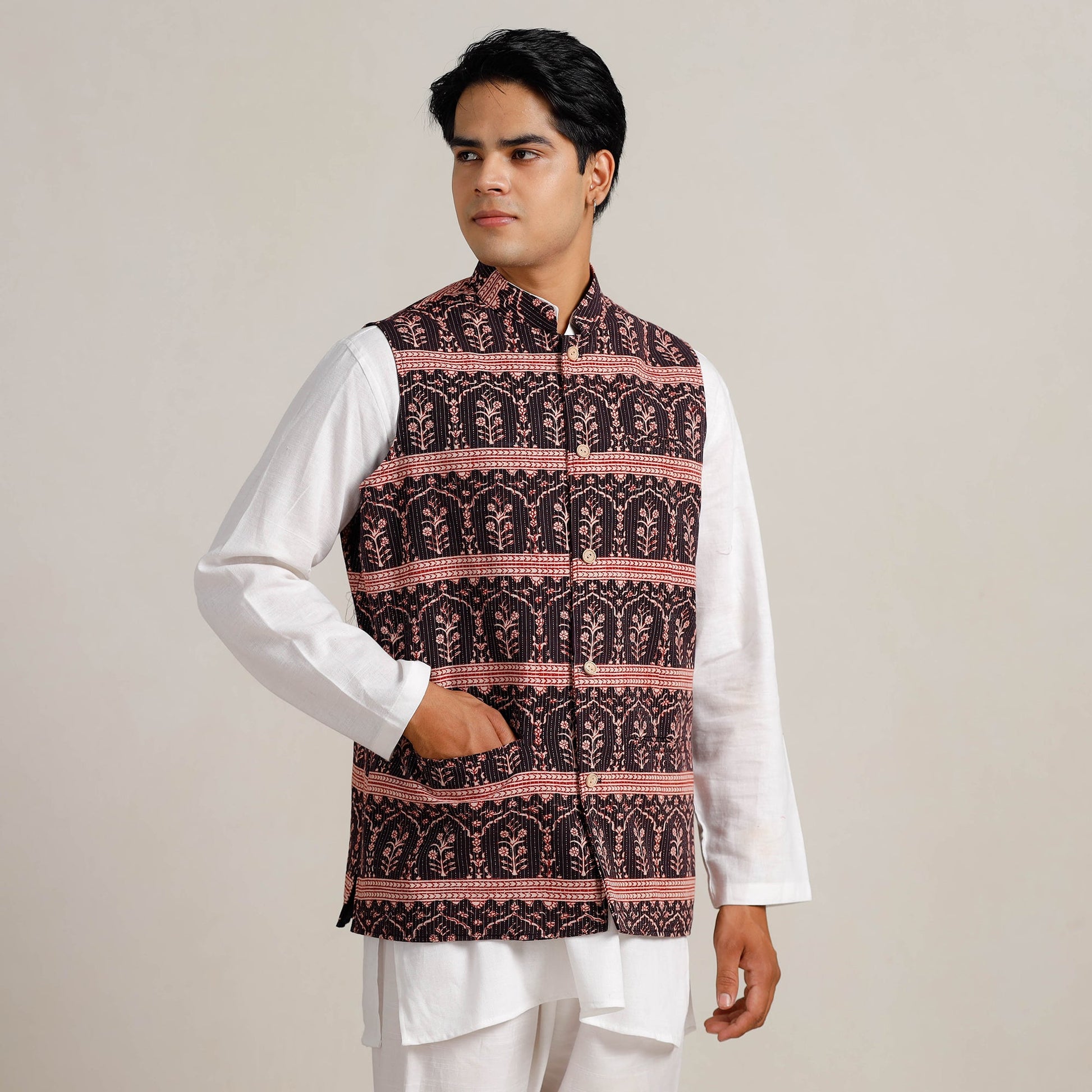 Black -  Bagh Print Nehru Jacket for Men 02