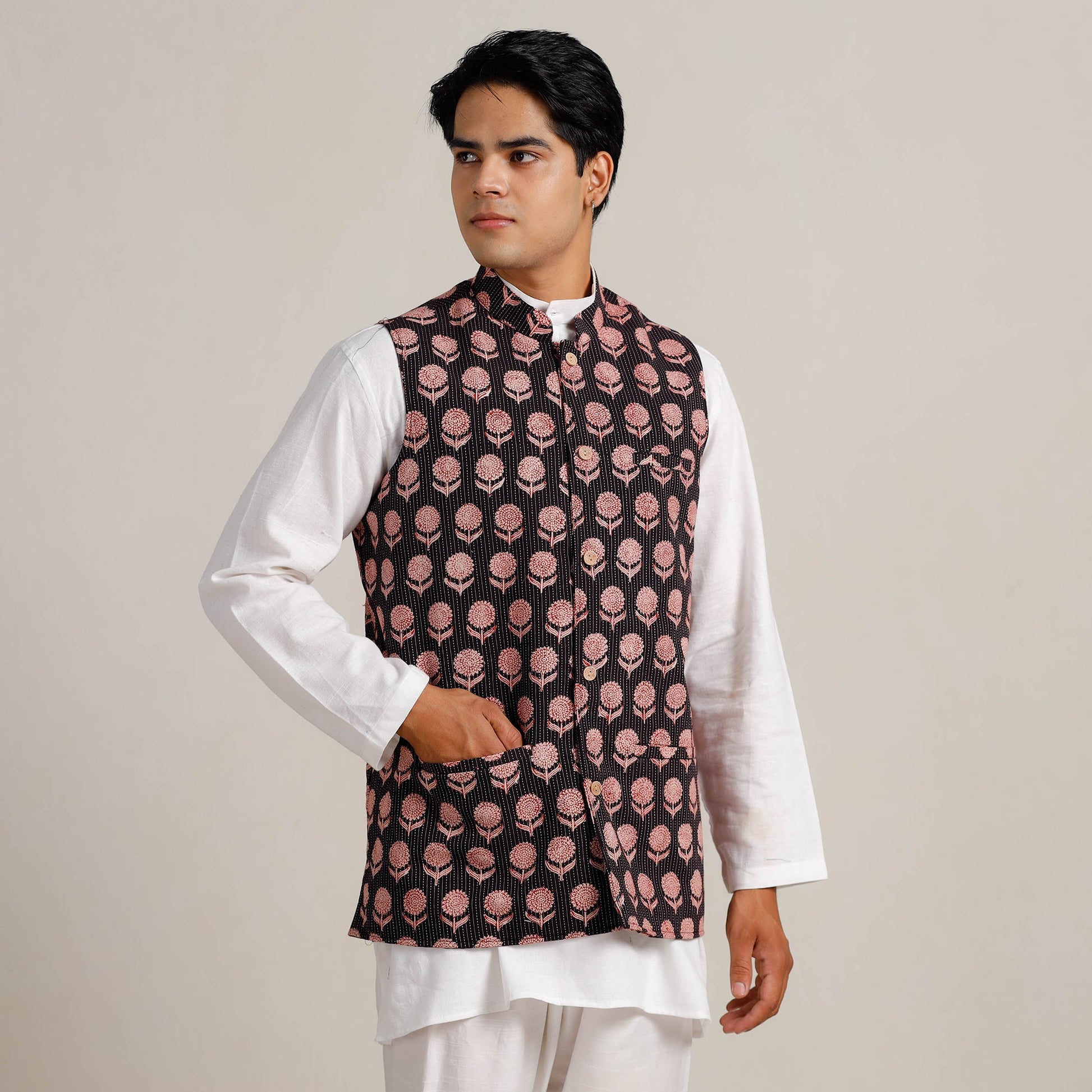 Black -  Bagh Print Nehru Jacket for Men 09