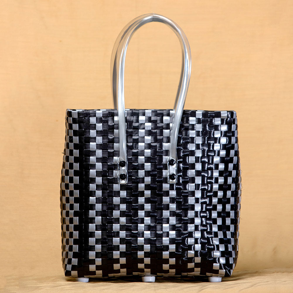 Black - Handmade Black & Grey Checks Multipurpose Basket