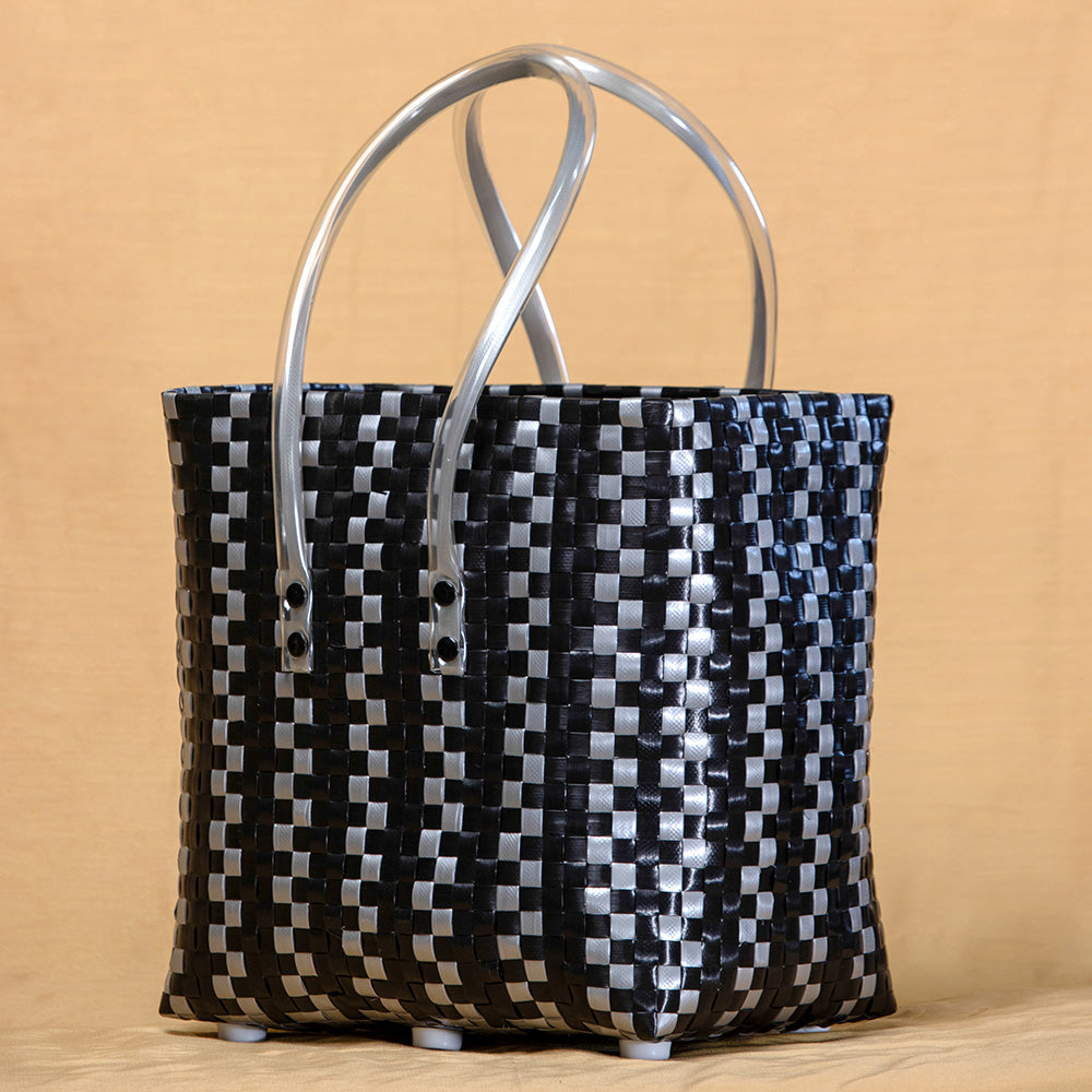 Black - Handmade Black & Grey Checks Multipurpose Basket