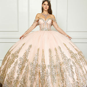 Off Shoulder Long Sleeve Ball Gown by Petite Adele PQ1065