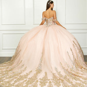 Off Shoulder Long Sleeve Ball Gown by Petite Adele PQ1065