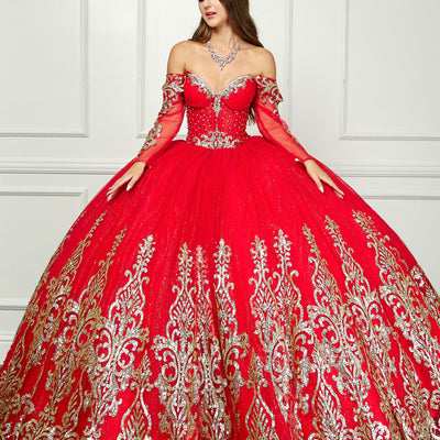 Off Shoulder Long Sleeve Ball Gown by Petite Adele PQ1065