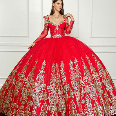 Off Shoulder Long Sleeve Ball Gown by Petite Adele PQ1065