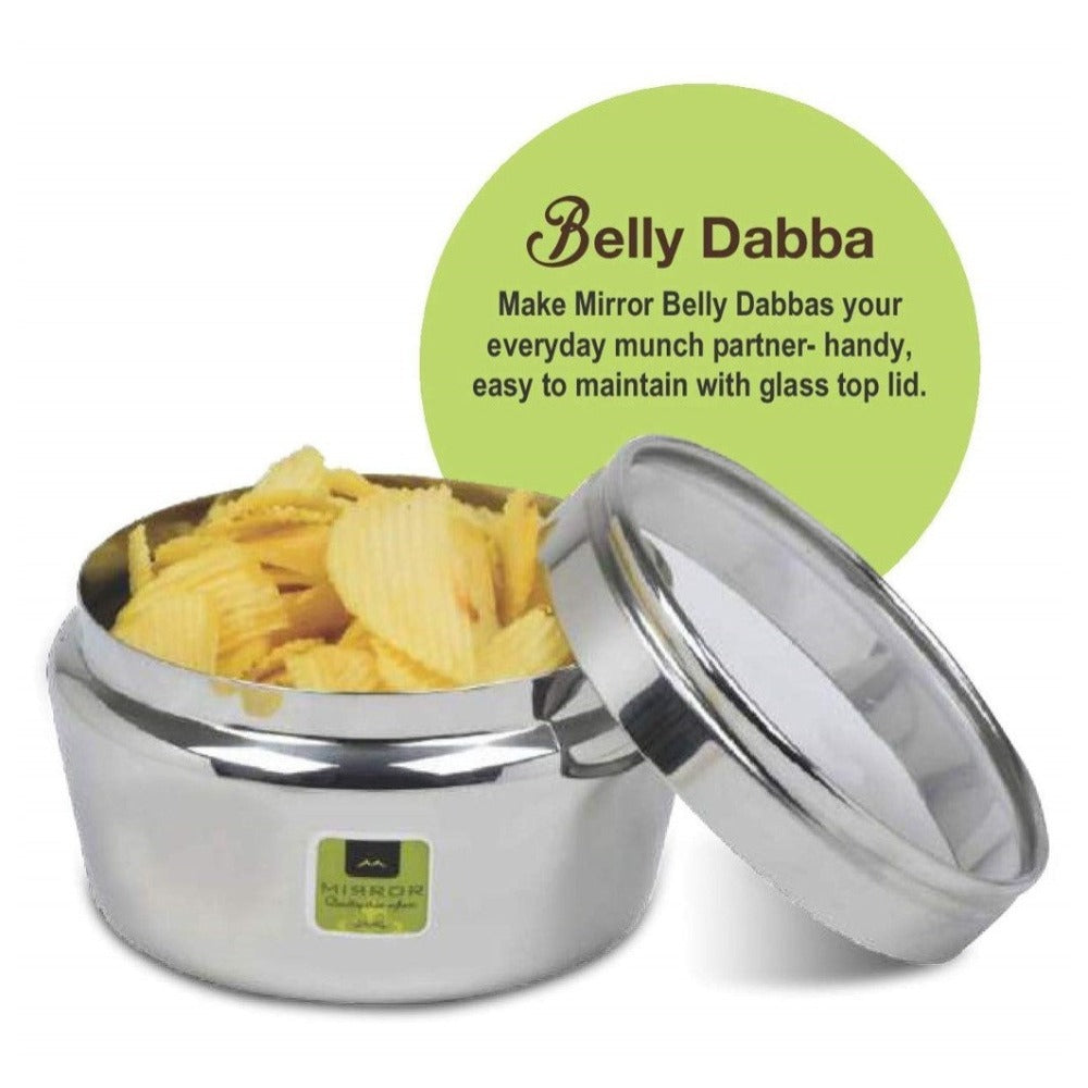Mirror Stainless Steel Belly Dabba with See Through Glass Lid | Silver | 1 Pc