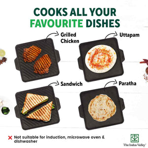 CASTrong Cast Iron 2-in-1 Griddle (Grill Pan + Tawa), Pre-seasoned, 100% Pure, Toxin-free,  Induction, Square,  27.2cm, 4.1 Kg