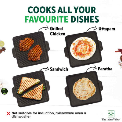 CASTrong Cast Iron 2-in-1 Griddle (Grill Pan + Tawa), Pre-seasoned, 100% Pure, Toxin-free,  Induction, Square,  27.2cm, 4.1 Kg