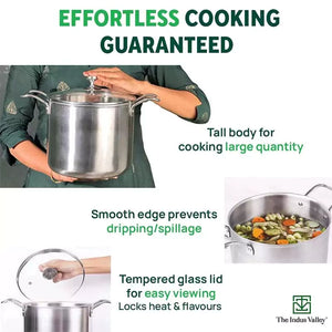TurboCuk Tri-ply Stainless Steel Tall Biryani Pot/Casserole+ Glass Lid, Premium Quality, 3 Layer Thick Body, 100% Toxin-free, Non-stick, Induction & Gas, 6.5L