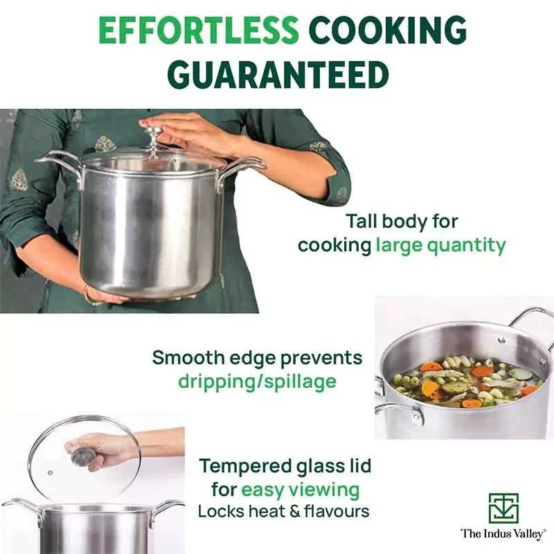 TurboCuk Tri-ply Stainless Steel Tall Biryani Pot/Casserole+ Glass Lid, Premium Quality, 3 Layer Thick Body, 100% Toxin-free, Non-stick, Induction & Gas, 6.5L