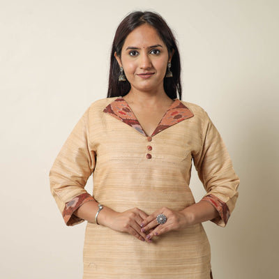 Beige - Bhagalpuri Handwoven Desi Tussar Silk Straight Kurta 07