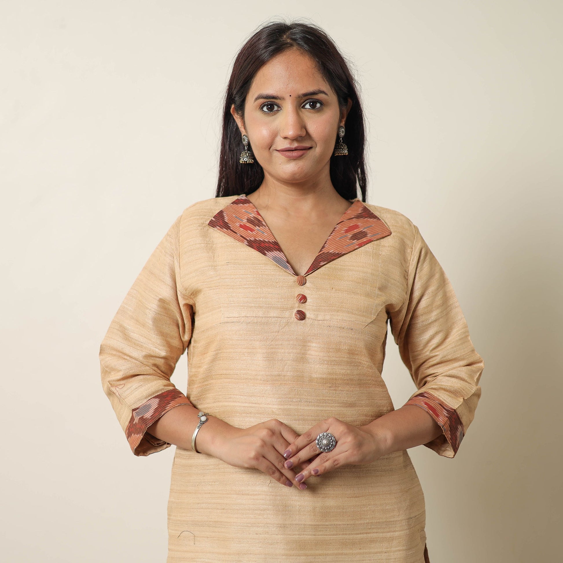 Beige - Bhagalpuri Handwoven Desi Tussar Silk Straight Kurta 07