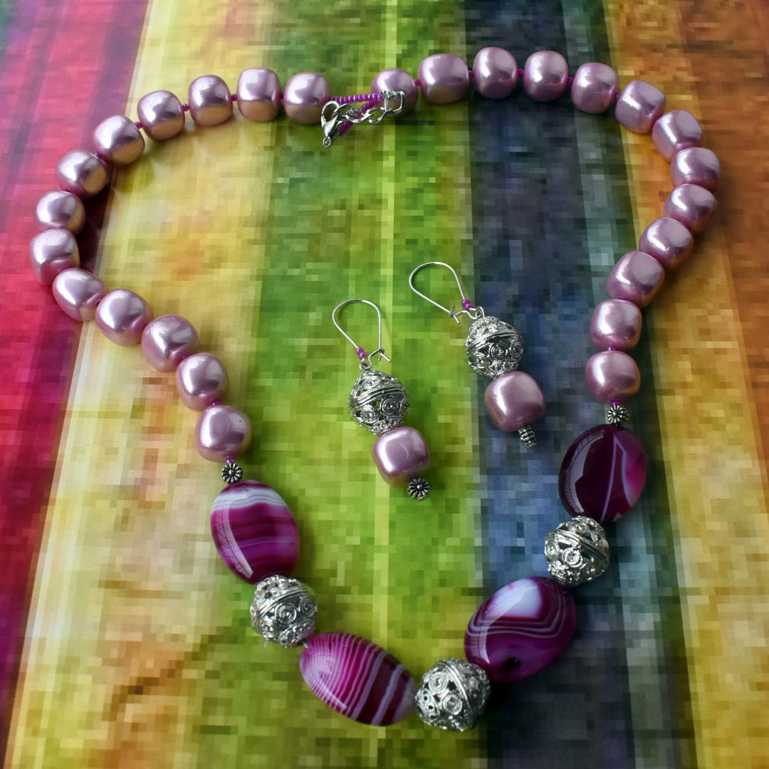 Bindurekha Semiprecious & Cultured Pearl Silver Necklace Set