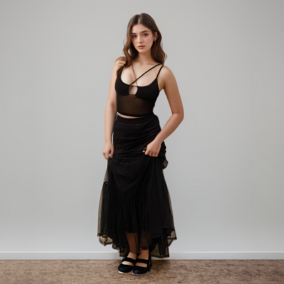 Black Mesh Top and Black Mesh Maxi Skirt