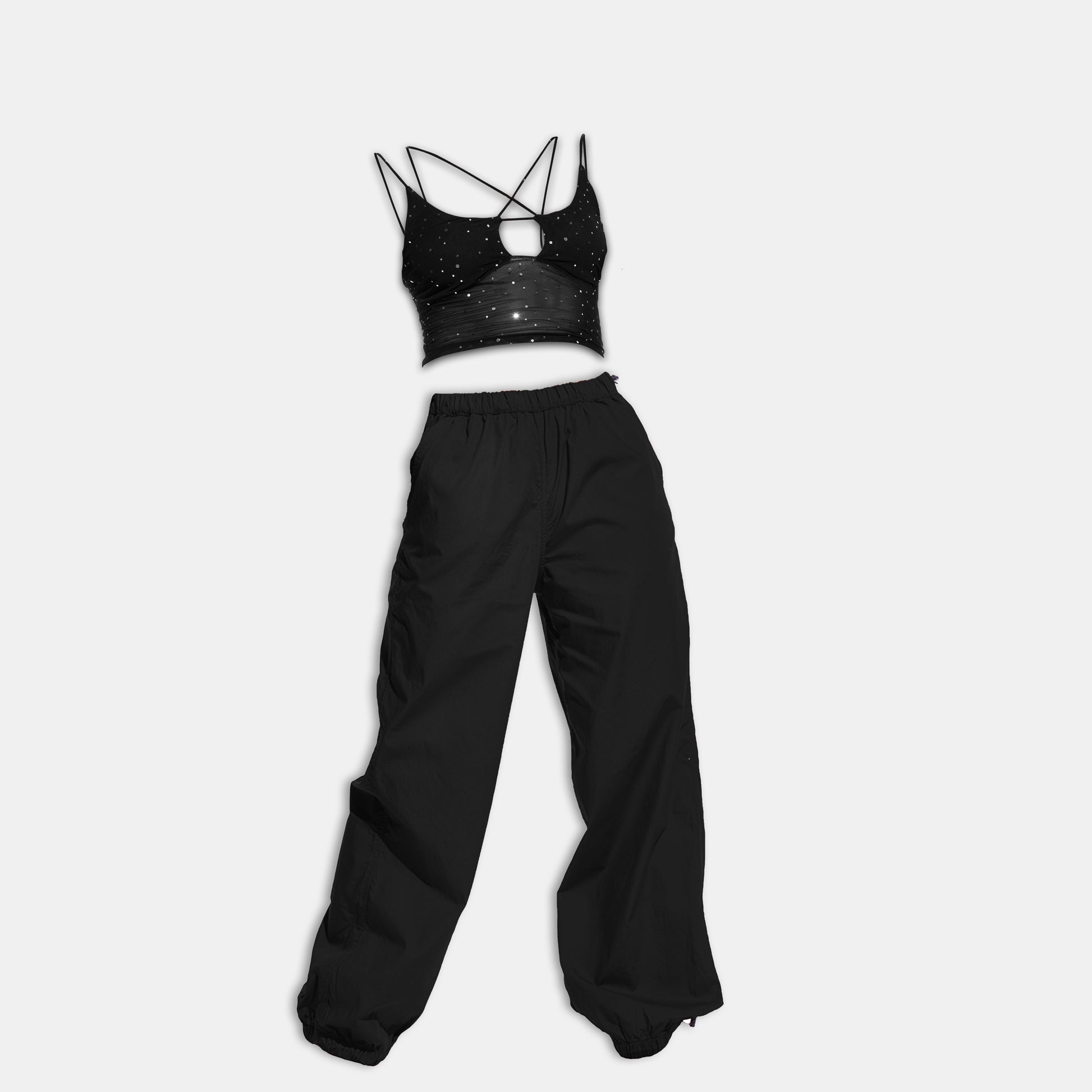 Sequin Mesh top and Black parachute pant