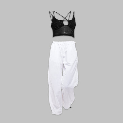 Sequin Mesh top and White parachute pant
