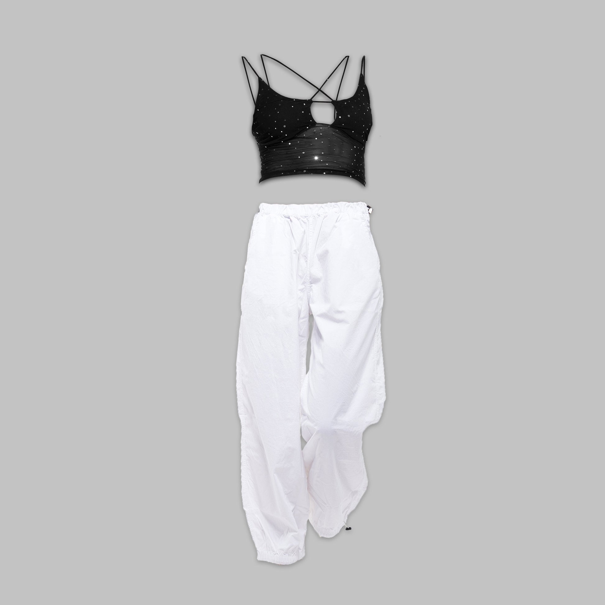 Sequin Mesh top and White parachute pant