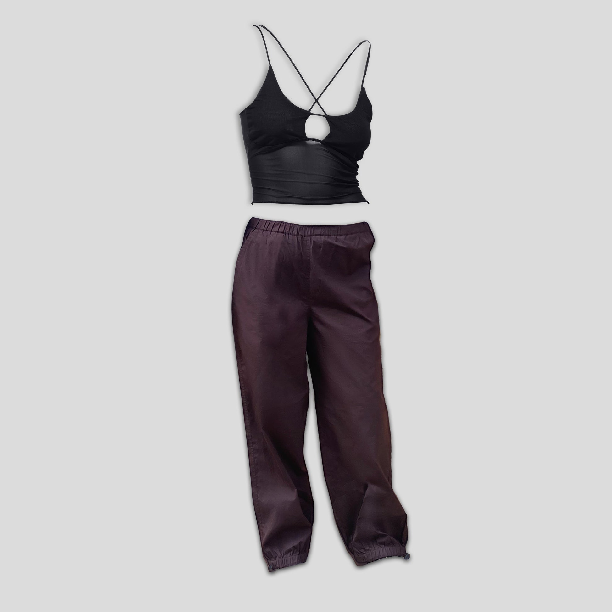 Mesh top and Brown parachute pant Set