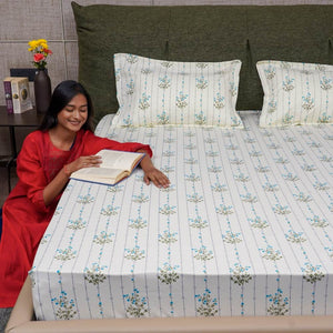 Serene Collection - Breathable 200 TC 100% Pure Cotton Single Bedsheet with Pillow Cover, Sedum Blue