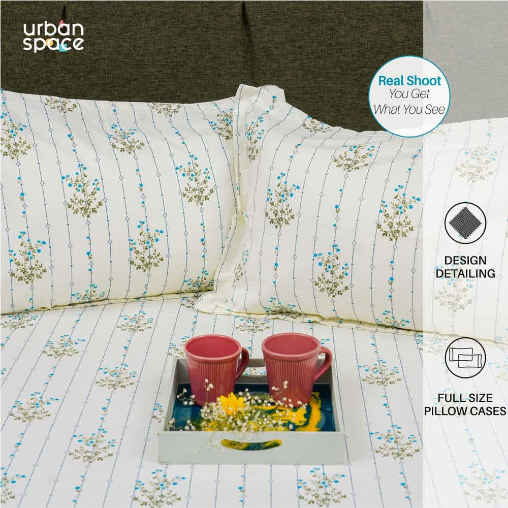 Serene Collection - Breathable 200 TC 100% Pure Cotton Single Bedsheet with Pillow Cover, Sedum Blue