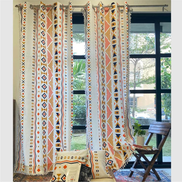 100% Cotton Boho Curtain for Window & Door - Pack of 2 Curtains With 2 FREE Cushion Covers, Boho Multi Orange