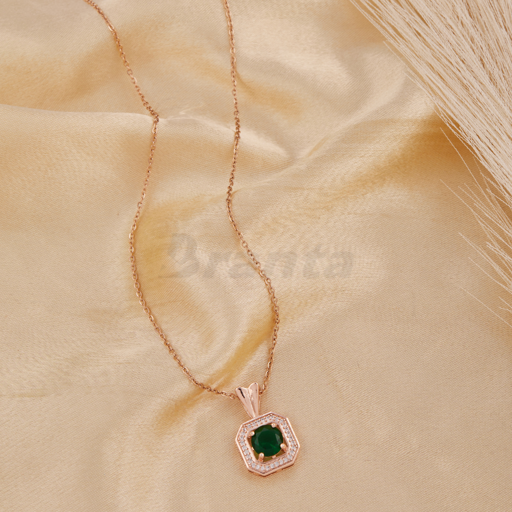 Green Round Emerald Pendant Rose Gold Necklace For Women