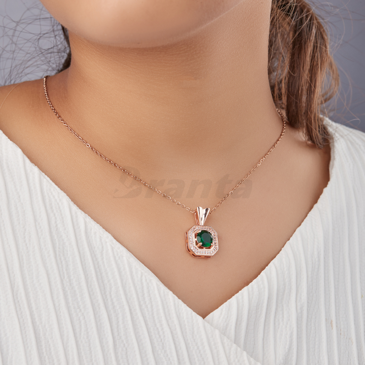 Green Round Emerald Pendant Rose Gold Necklace For Women