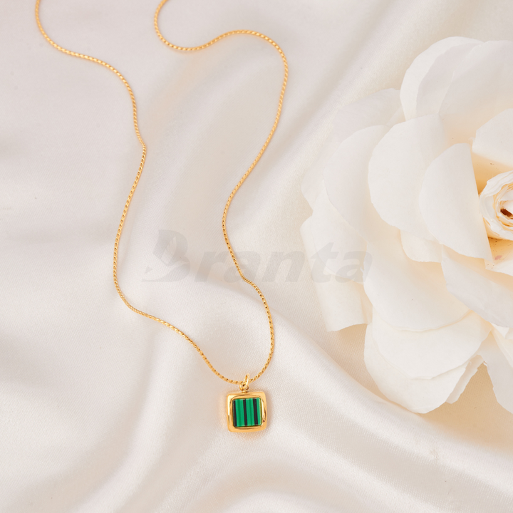 Gold Malachite Green Square Charm Pendant Necklace