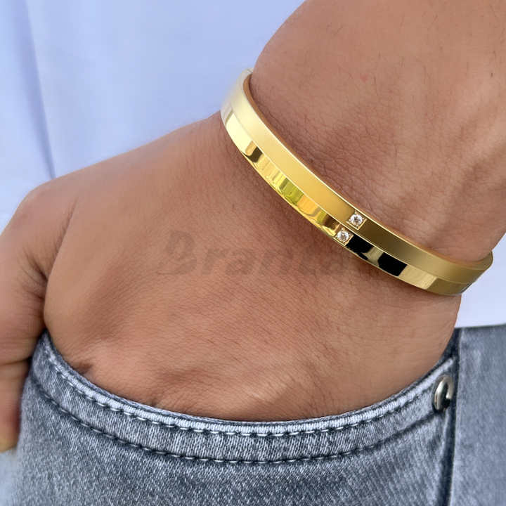 Matte Shiny Gold Bracelet For Men With Two Diamonds