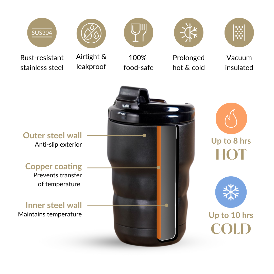 Brewster Stainless Steel Spill Proof Coffee Tumbler Black Noir 355ml