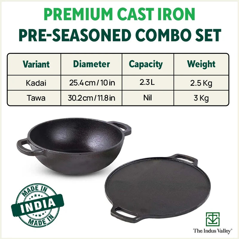 CASTrong Cast Iron Cookware Set: Free ₹400 Tadka Pan+ Tawa+ Kadai, Kitchen Set for Home, Pre-seasoned, 100% Pure, Toxin-free, Induction