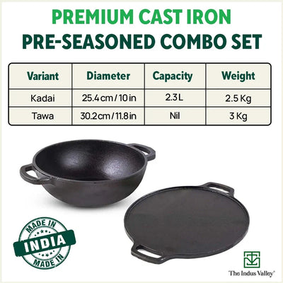 CASTrong Thick Cast Iron Kadai+Tawa+Free ₹110 Spatula,Kitchen set for Home, Pre-seasoned,100% Pure,Toxin-free