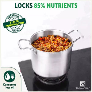 TurboCuk Tri-ply Stainless Steel Tall Biryani Pot/Casserole+ Glass Lid, Premium Quality, 3 Layer Thick Body, 100% Toxin-free, Non-stick, Induction & Gas, 6.5L