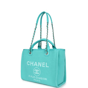 Chanel Small Deauville Shopping Bag Turquoise Canvas Light Gold Hardware
