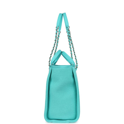 Chanel Small Deauville Shopping Bag Turquoise Canvas Light Gold Hardware