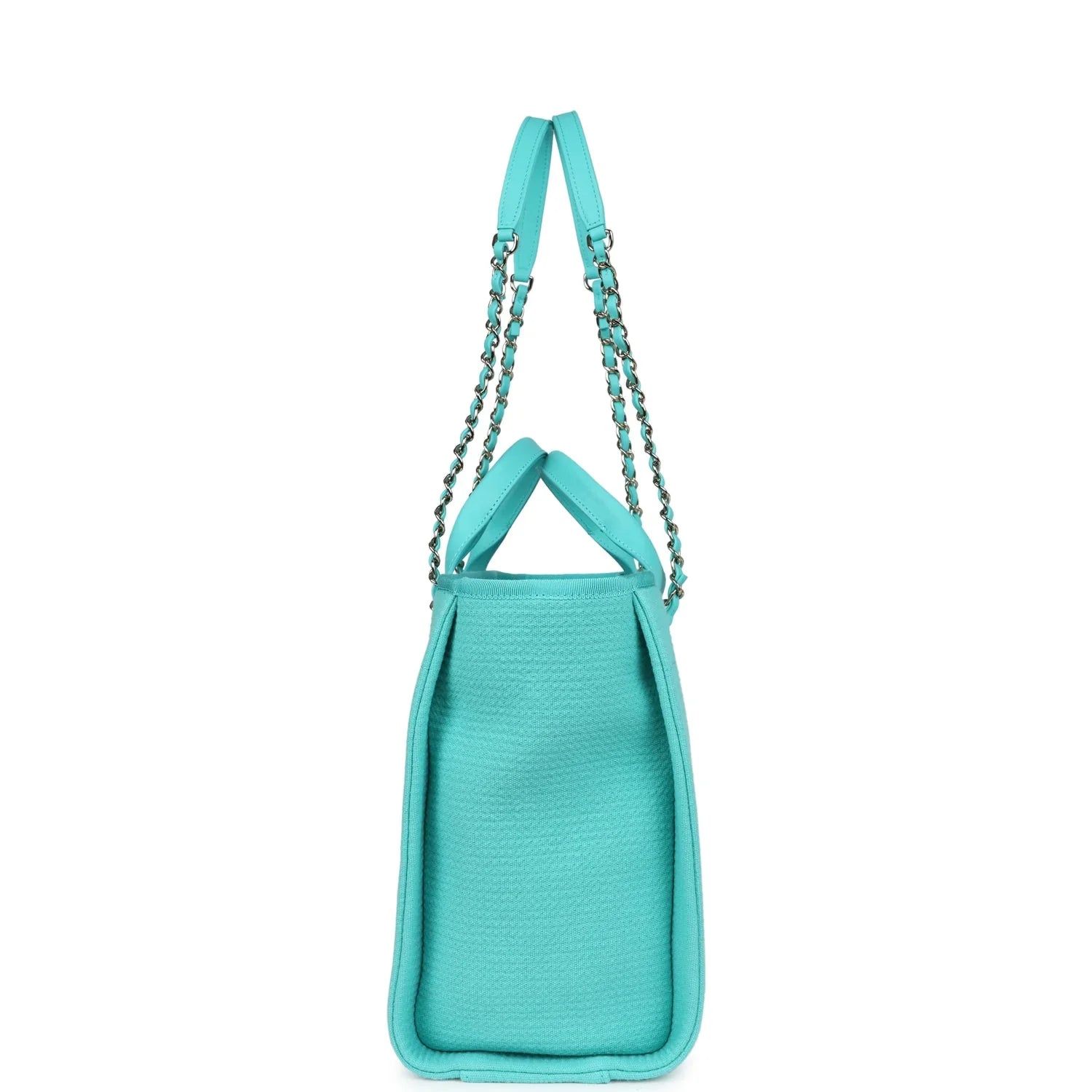 Chanel Small Deauville Shopping Bag Turquoise Canvas Light Gold Hardware