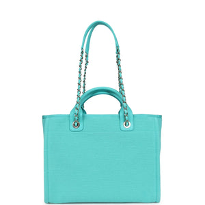 Chanel Small Deauville Shopping Bag Turquoise Canvas Light Gold Hardware