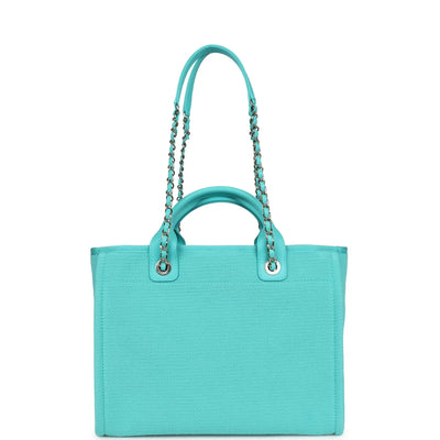 Chanel Small Deauville Shopping Bag Turquoise Canvas Light Gold Hardware