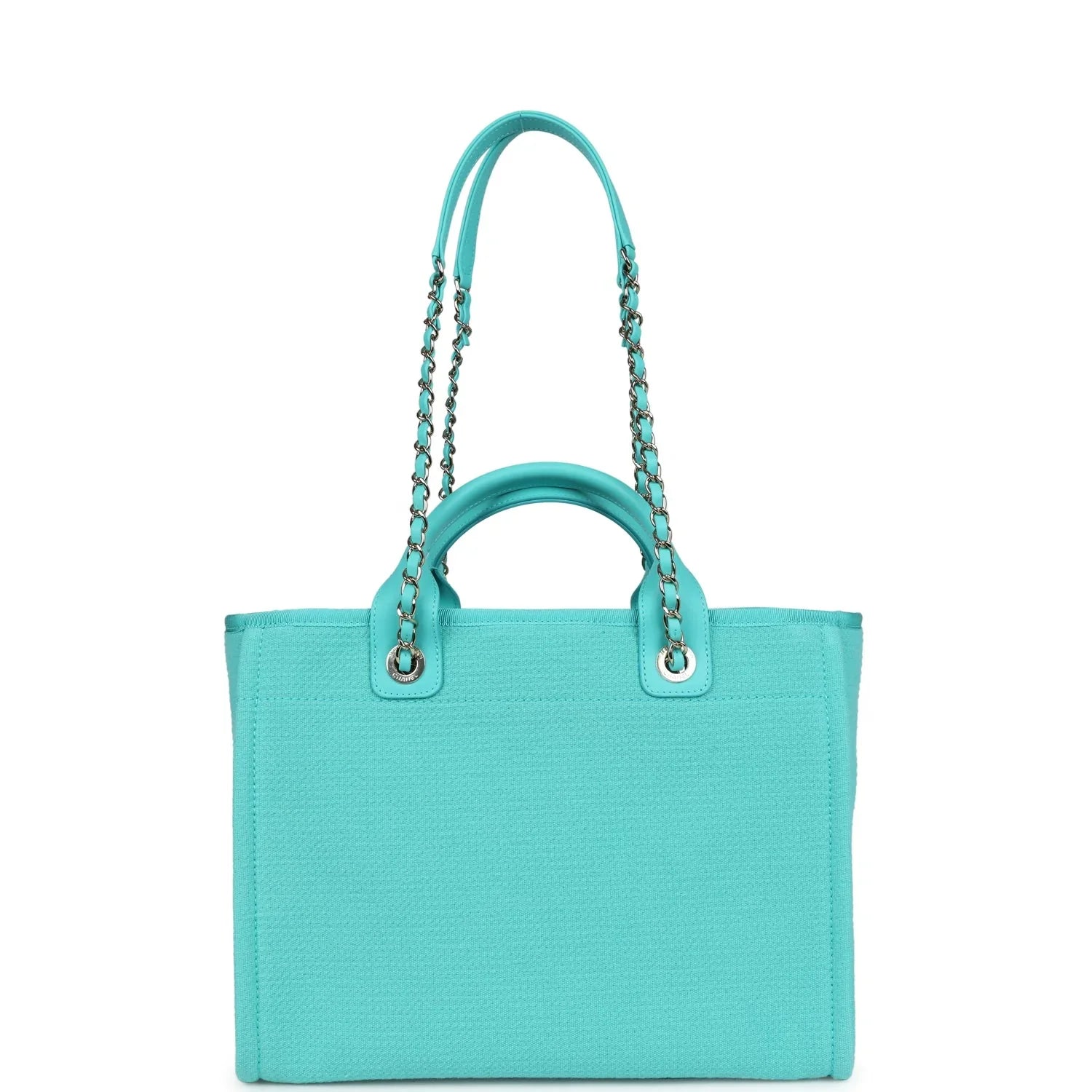 Chanel Small Deauville Shopping Bag Turquoise Canvas Light Gold Hardware