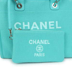 Chanel Small Deauville Shopping Bag Turquoise Canvas Light Gold Hardware