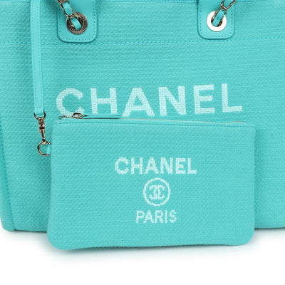 Chanel Small Deauville Shopping Bag Turquoise Canvas Light Gold Hardware