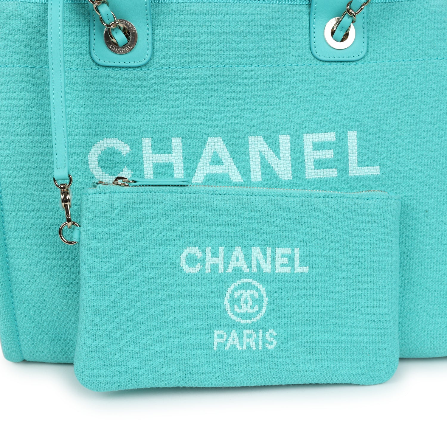 Chanel Small Deauville Shopping Bag Turquoise Canvas Light Gold Hardware