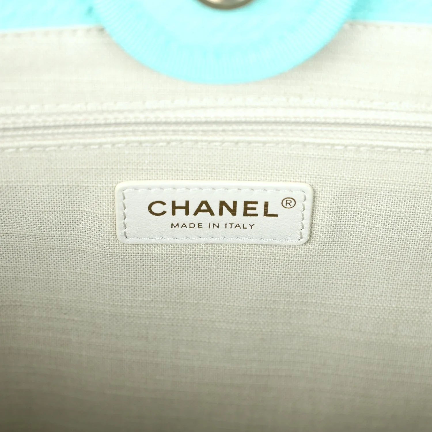 Chanel Small Deauville Shopping Bag Turquoise Canvas Light Gold Hardware