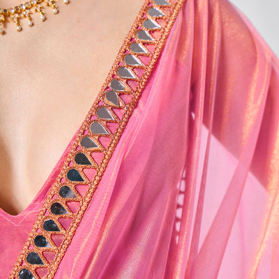 Mirror Work Lace Organza Saree With Blouse Piece