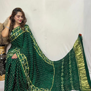 Pure Modal Silk Golden Chex Hand Made Barik Bandhej work Silk Bandhani Saree