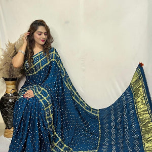 Pure Modal Silk Golden Chex Hand Made Barik Bandhej work Silk Bandhani Saree