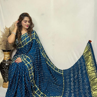 Pure Modal Silk Golden Chex Hand Made Barik Bandhej work Silk Bandhani Saree